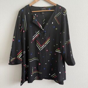 Ali Miles Colorful Blouse Womens XL Artsy Lightweight Crinkle Travel 3/4 Sleeve